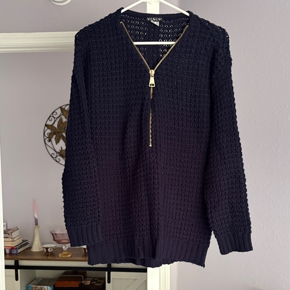 VENUS Navy V-Neck Sweater with Gold Zipper - Picture 4 of 4